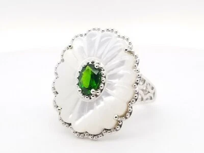 Russian chrome diopside white mother of pearl rhodium/ 925 Daisy ring sz 11 - Image 1 of 4