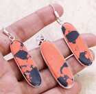 Orange Buffalo Turquoise Art Piece 925 Silver Plated Pendant & Earrings Set 2.2"