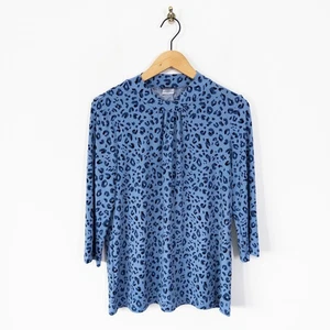 Kim & Co Blue Leopard High Neck Blouse Top Size M NEW Half Sleeve Brazil Jersey - Picture 1 of 21