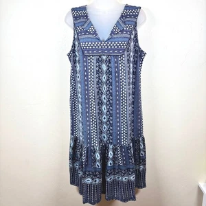 Style & Co Boho Sleeveless Midi Shift Dress Women's Medium Blue Print Ruffle Hem - Picture 1 of 12