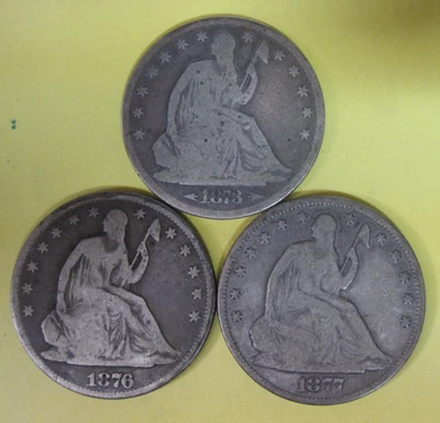 (Lot of 3) 1873 w/arrows, 1876 and 1877 Seated Liberty Silver Half Dollars - Image 1 of 2
