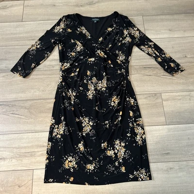 Vestido Ralph Lauren Negro Con Flores Amarillas Imitación Envoltura Hada Oficina Midi Talla 12 Foto 1 de 4