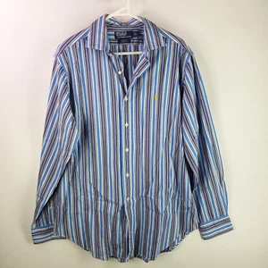 Ralph Lauren Stanton Shirt Mens Large Blue Shadow Stripe Long Sleeve Yellow Logo - Picture 1 of 8