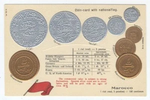 MONETE in rilievo MAROCCO ca1908 cartolina - Foto 1 di 2