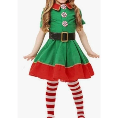 Christmas Elf Dress Costume W/ Hat Tights Belt 4T-5T Halloween - Image 1 of 4