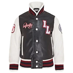 Kids Black Leather Letterman Bomber Jacket - Picture 1 of 8