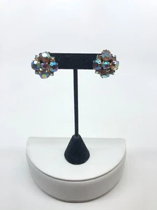 Vtg AB Aurora Borealis Earrings Rhinestone Cluster gold tone Clip on Unmarked - Picture 1 of 6