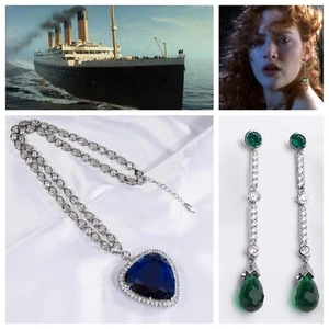 Titanic Heart of The Ocean Necklace & Earring Set with Blue & Green Crystals 18” - Picture 1 of 14