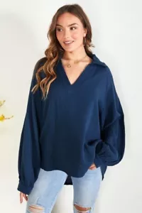 SOLID COLLARED V NECK CUFFED LOOSE LONG SLEEVE OVERSIZED GAUZE TOP.MADE IN ITALY - Picture 1 of 15