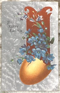 A Happy Easter Silver Foil Egg & Flowers 1909 Embossed DB Postcard 417 - Picture 1 of 3