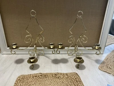 VINTAGE Ornate Gold Tone Metal 3-Candle Stick Holder Wall Sconce Set Of 2 - Image 1 of 3