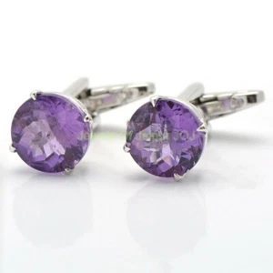 Round cut Purple Amethyst Gemstone Sterling Silver Cuff links Men's Jewelry - Picture 1 of 4