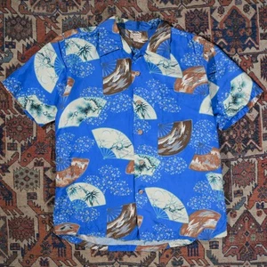Vtg 50s McInerny's Honolulu Pure Silk Hawaiian Shirt Aloha Loop Collar L XL Blue - Picture 1 of 11
