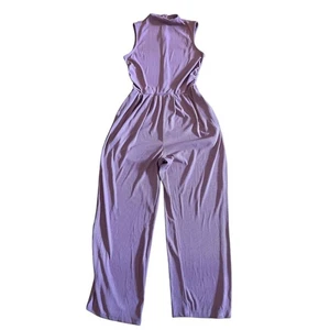 Pretty Garden Jumpsuit Mock Neck Sleeveless Ribbed Wide Leg Lavender M - Picture 1 of 3