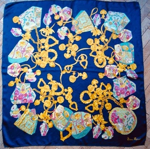 Rare 80s Vintage Silk Satin Jacquard NINA RICCI Square Scarf Rolled Hem Charms - Picture 1 of 18