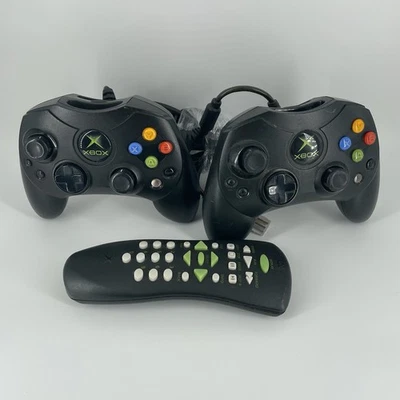2x Genuine Original Xbox Controllers, Breakaway Cables & Remote - Black - Tested - image 1 of 4
