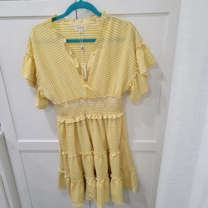 Max Studio Gingham Tiered Crinkle Dress Smocked Flutter Sleeve Midi Size Medium - Picture 1 of 9