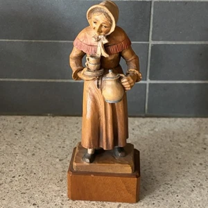 Vintage ANRI Hand-Carved Wood Figurine 7” Woman with Teapot & Tray Italy - Picture 1 of 12