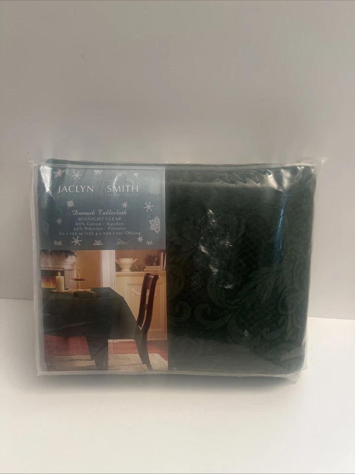 Jaclyn Smith Dark Green Damask ~ Midnight Clear ~ Tablecloth ~ 60x102 Oblong NOS - Image 1 of 4