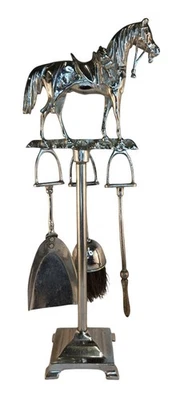 Juego de herramientas de chimenea temática ecuestre de mesa cromada vintage para caballos Foto 1 de 4
