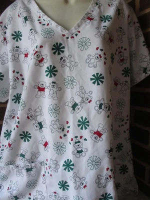 SB Scrubs Brand SCRUB TOP Size L - Snowflakes/Bears on White Background - Image 1 of 4