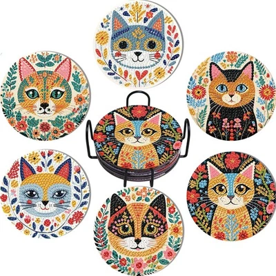 6 Pack Cat Diamond Painting Coasters with Holder & Cork Pads, Non-Slip DIY Gifts - Image 1 of 4