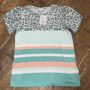 LuLaRoe Olive Leopard & Stripes Tulip Sleeve Top -  Size S - Picture 1 of 6