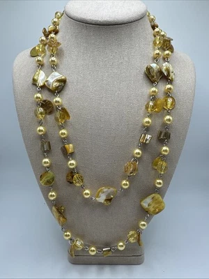 Yellow Shell & Faux Pearl Silver Tone Double Strand Necklace - Image 1 of 4