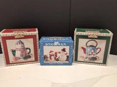 Debbie Mumm Snowman Lot Ceramic Creamer & Sugar, Mini Teapots by Sakura  - Image 1 of 4
