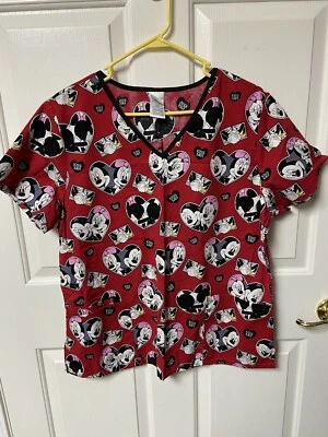 Disney Mickey & Minnie Red Valentine Heart Print Scrub Top Women’s L 12/14 - Image 1 of 4