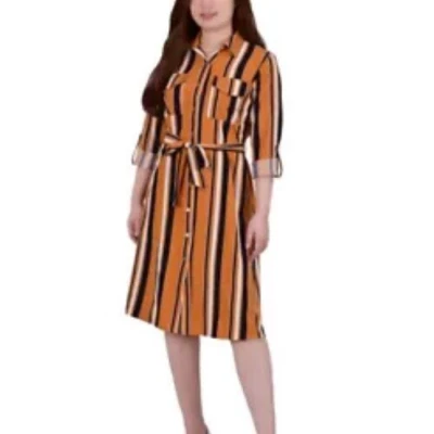 SALE - NY Collection Women's Petite Striped Shirt Dress - Image 1 of 4