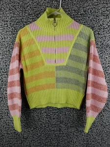 Sincerely Jules Collared Quarter Zip Sweater Neon Striped Cropped Size Small - Picture 1 of 11