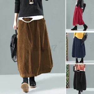 ZANZEA UK Womens Casual Loose Elastic Waist Corduroy Skirt High Waist Long Dress - Picture 1 of 15