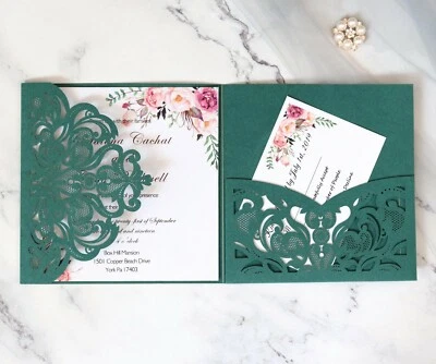 Blackish 绿色激光切割婚礼邀请卡适用于新娘淋浴邀请 — 第 1/4 张图片