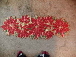 Kringle Express Beaded Red Gold Poinsetta Table Runner Holiday Christmas 36" QVC - Picture 1 of 14