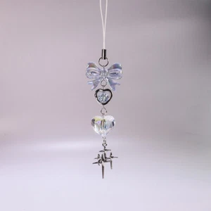 Y2K Handmade Blue Clear Heart Phone Charm Strap Cute Girl Keychain Lanyard - Picture 1 of 10