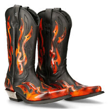 New Rock 7921-S2 Leather Black Red Flame Cowboy Leather Gohic Punk Skirt Boots