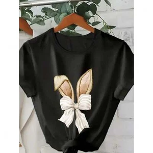 cute rabbit ear Easter bow print round neck T-shirt,breathable T-shirt - Picture 1 of 12