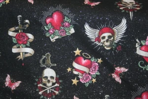 BORN TO RIDE- SKULLS, HEARTS, ROSES AND DAGGERS ON BLACK - 100% COTTON FABRIC - Picture 1 of 9