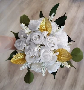 Weiße Rose Brautstrauß Blattgold Hochzeit Eukalyptus Abschlussball Brautjungfer Blumen - Bild 1 von 2