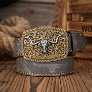 Herren Damen-Western-Cowboy-PU Leder-Gürtel Vintage Gürtel Floral Gravur Schnalle D - Bild 1 von 10
