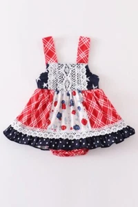 NWT BOUTIQUE GIRL'S PATRIOTIC JULY 4TH FLORAL PLAID LACE GIRL BUBBLE DRESS 24 M - Picture 1 of 5