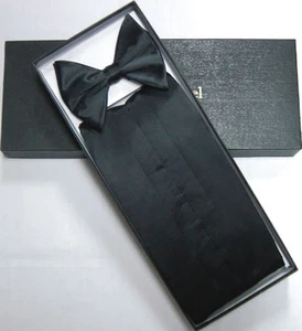 Classic BLACK 100% SILK Cummerbund & BowTie Men's Tuxedo Bow Tie Box Set Formal - Picture 1 of 4