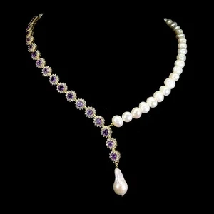 925 Sterling Silver Necklace Round Amethyst 5mm Pearl Gemstone Jewelry 18inches - Picture 1 of 14