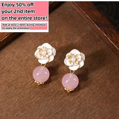 Natural Pink Crystal Drop Earrings Gemstone Dangle 18K Gold Plated Boho Chic - Image 1 of 4