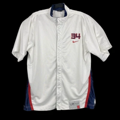 复古耐克联合球手 #34 白色红色蓝色篮球热身球衣衬衫 M — 第 1/4 张图片