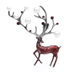 Deer Brooch Gold Tone Enamel Autumn Woodland Animal Brown Antler Faux Pearl Pin - Picture 1 of 2
