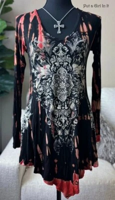 Nueva CAMISA TÚNICA VOCAL Mujer CRISTAL CORAL NEGRO MEDALLÓN TIE DYE S Pequeña Y2K Foto 1 de 4