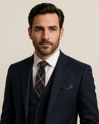 Wool Men's Tie & Matching Hankie Scottish Tartan Slim Navy Blue Plaid CheckHanky - Image 1 of 3