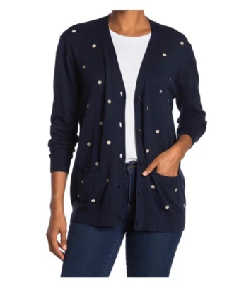J CREW Navy Polka Dot V-Neck Button-Front Boyfriend Cardigan Sweater w Pockets M - Image 1 of 4